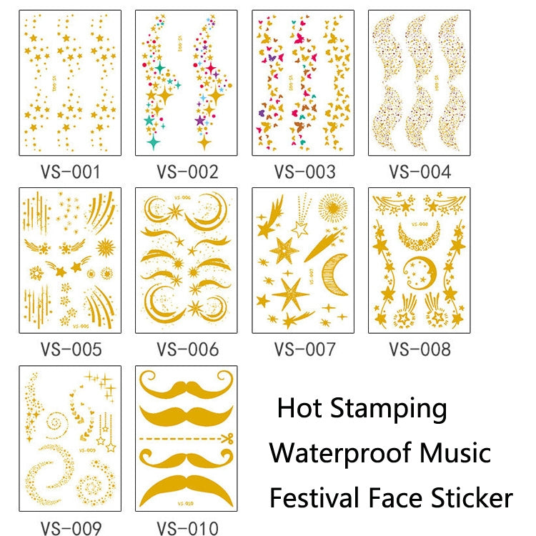 Set of gold star face tattoo sticker designs, assorted patterns VS-001 to VS-010