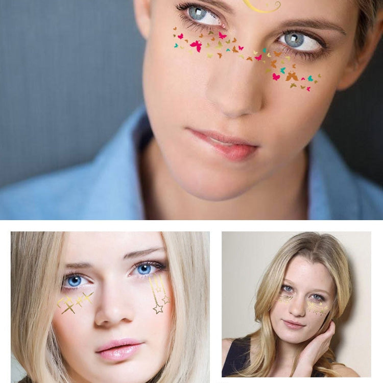 Woman with multicolor star face tattoo stickers on forehead and cheek