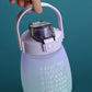 Large belly straw water cup with top lid and carry handle, white body and purple straw