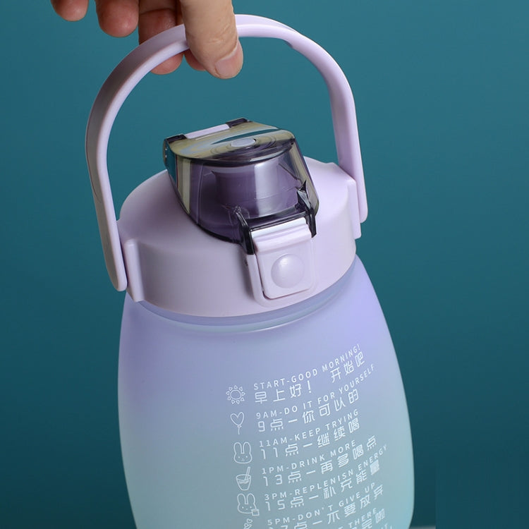 Large belly straw water cup with top lid and carry handle, white body and purple straw