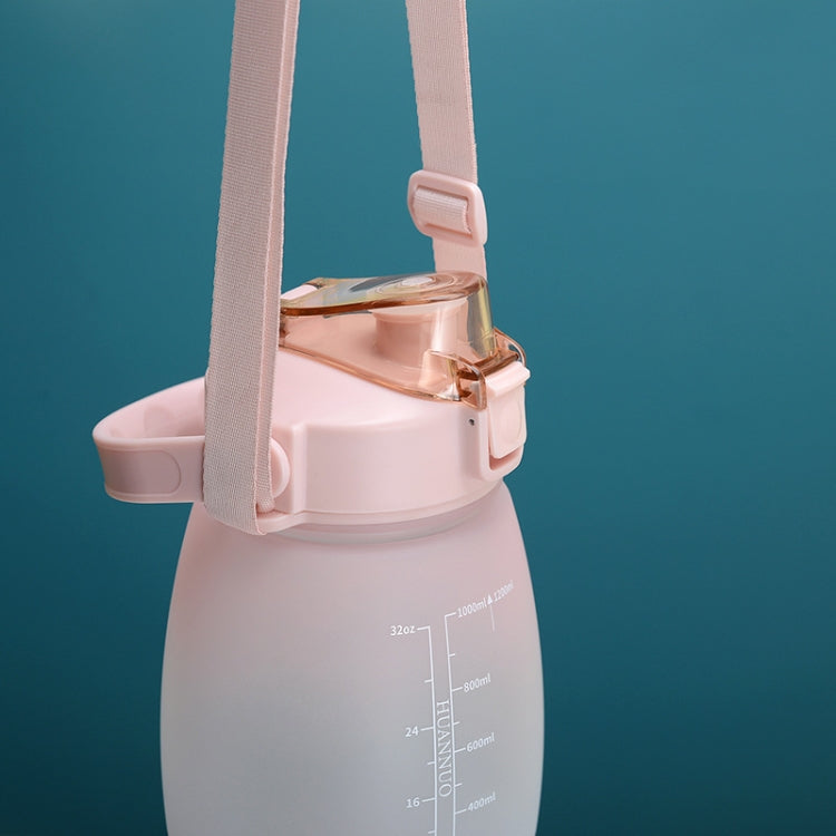 Large belly straw water cup with shoulder strap, pale pink body and side measurement scale