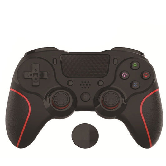 Black gamepad controller with red trim, textured grips, analog sticks and face buttons