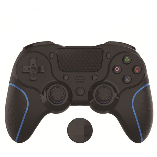 Black gamepad controller with blue accents, textured grips, analog sticks and action buttons