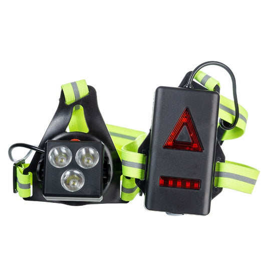 Rechargeable LED chest warning light with tri-bulb head and neon green elastic straps