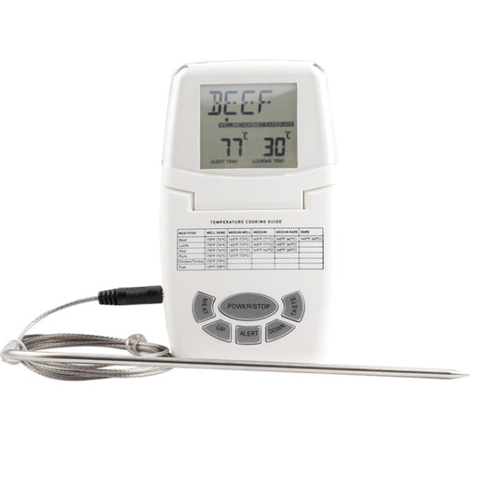 Digital food thermometer with LCD display, probe, and control buttons, white body