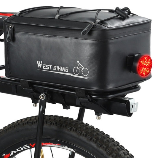 Black bicycle rear storage bag with zipper, mounting straps, and rear red light