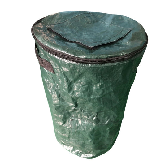 Green compost bag with round lid and zipper closure, fabric with stitched seams.