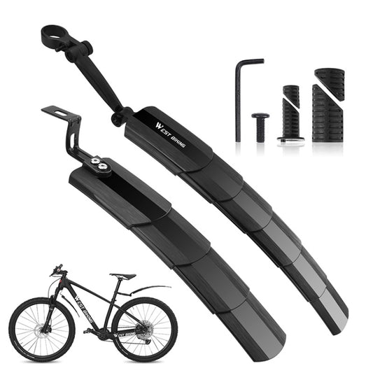 Retractable folding bike mudguards, black, with mounting straps and hardware
