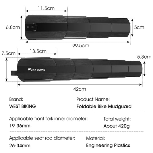 Foldable bike mudguard in black with size diagram and engineering plastic build
