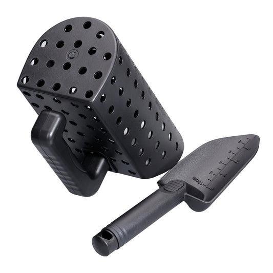 Angled black perforated sand scoop with measurement-marked shovel and long grip