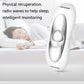 White sleep aid device beside bed pillow with oval sensor and power strip