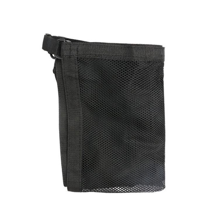 Black mesh storage pouch with top strap and hook loop closure