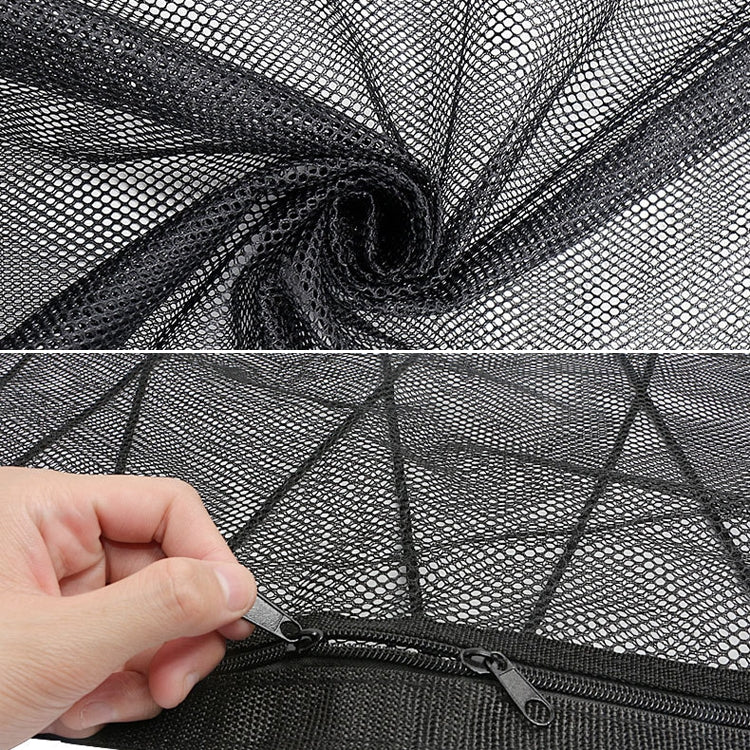 Black double-layer mesh bag with zipper pull and elastic draw-rope opening
