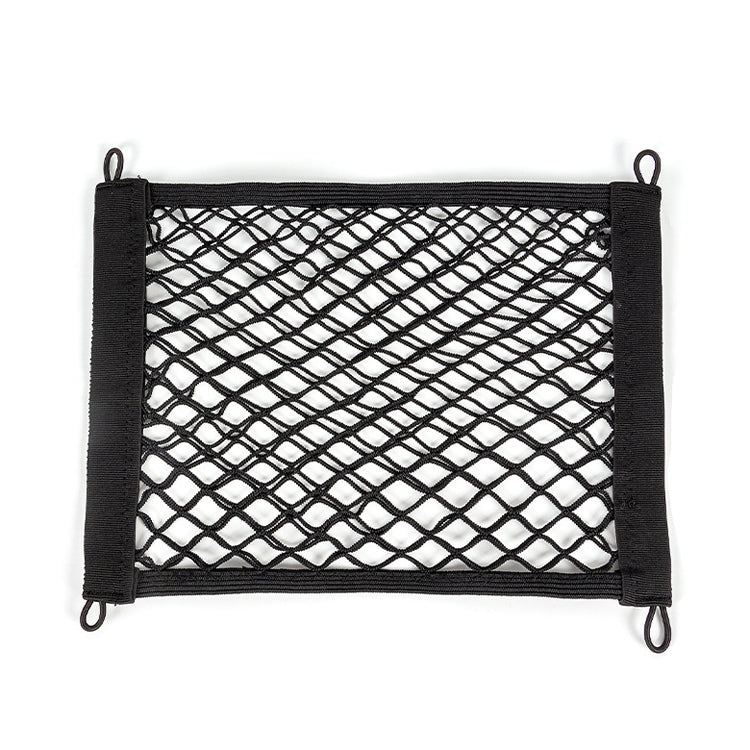 Black elastic car storage net bag with reinforced edge straps and corner metal hooks