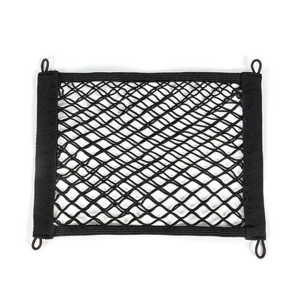 Black elastic car storage net bag with reinforced edge straps and corner metal hooks