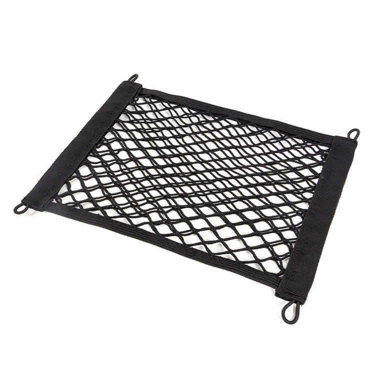 Black stretch mesh car storage net bag with reinforced border and metal grommet hooks