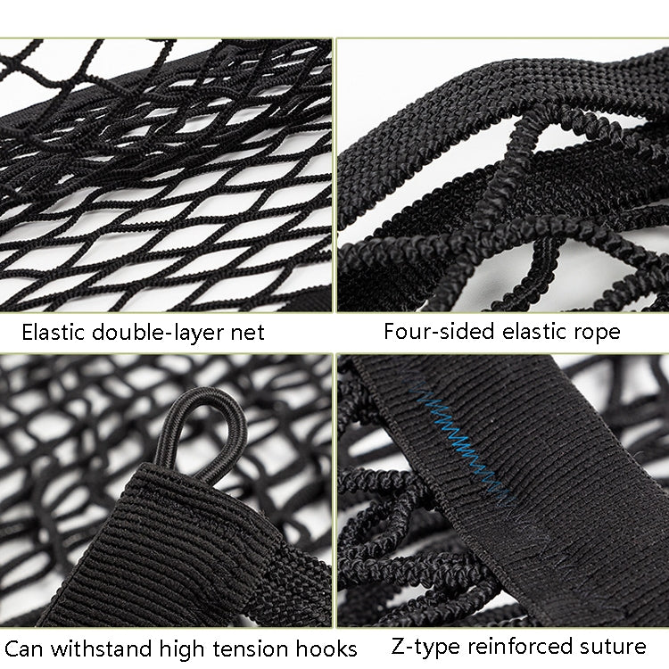 Close-up of black double-layer elastic net with elastic rope edging and reinforced hooks