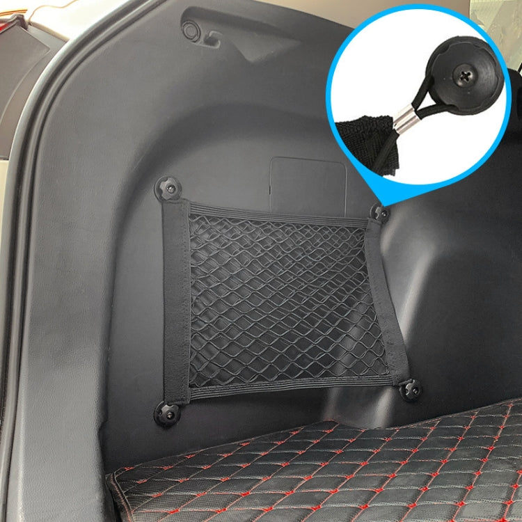 Car trunk-mounted black mesh storage net bag with corner hook points