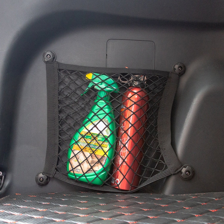 Car trunk-mounted black stretch net bag holding red and green bottles/containers