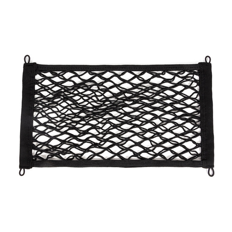 Black elastic mesh car storage net bag with sturdy stitched border and corner loops