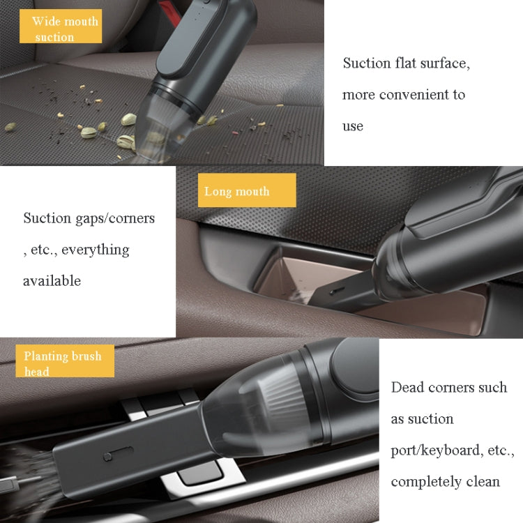 Handheld car vacuum cleaner with flat and long nozzles for corners, seats, and gaps.