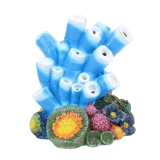 Decorative artificial coral air stone ornament with blue coral tubes and colorful rock base