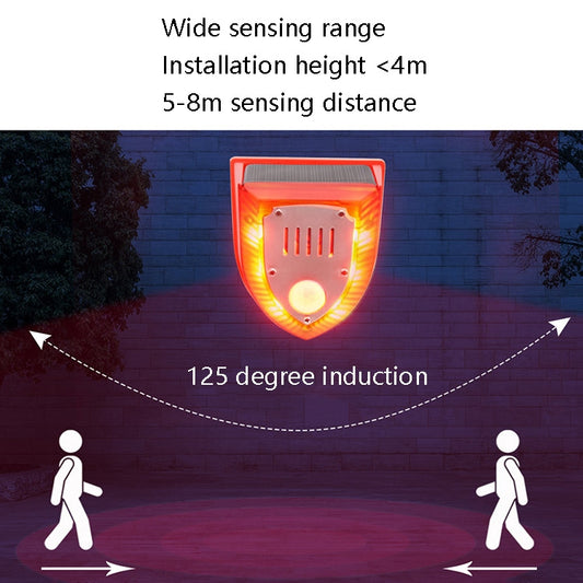 Solar animal repeller alarm with glowing light and front motion sensor, mounted outdoors