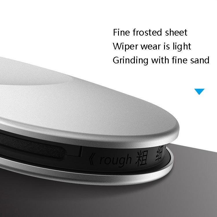 Silver rain scraper close-up showing fine frosted wiper grinding surface