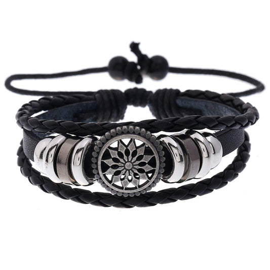 Black braided leather adjustable bracelet with round flower medallion and silver beads