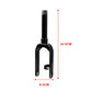 Black front fork assembly with fork legs and axle mount, size shown