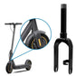Black front fork assembly shown on scooter, with fork legs and axle mount