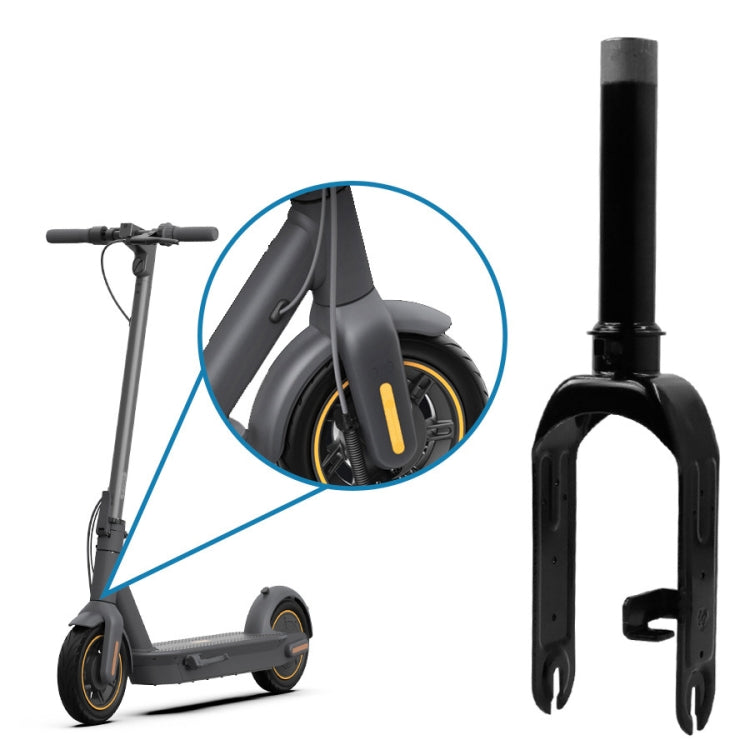Black front fork assembly shown on scooter, with fork legs and axle mount