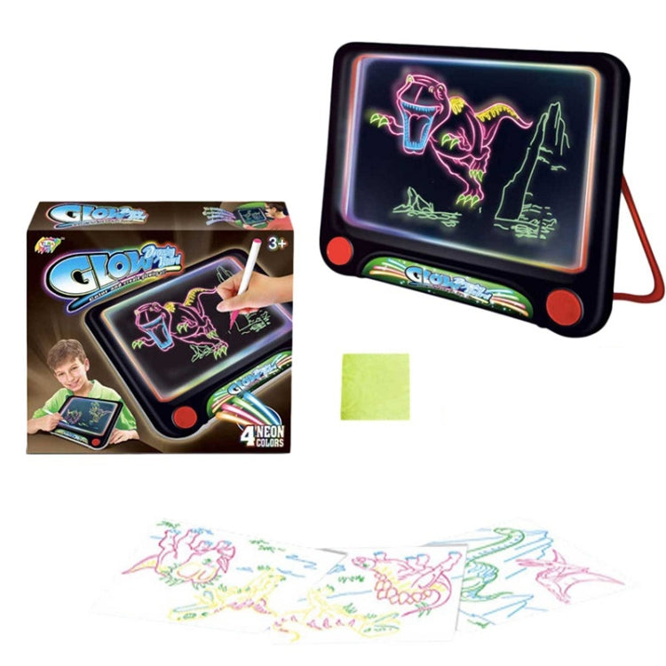 3D luminous drawing board with neon dinosaur and glowing ground outline, red base knobs