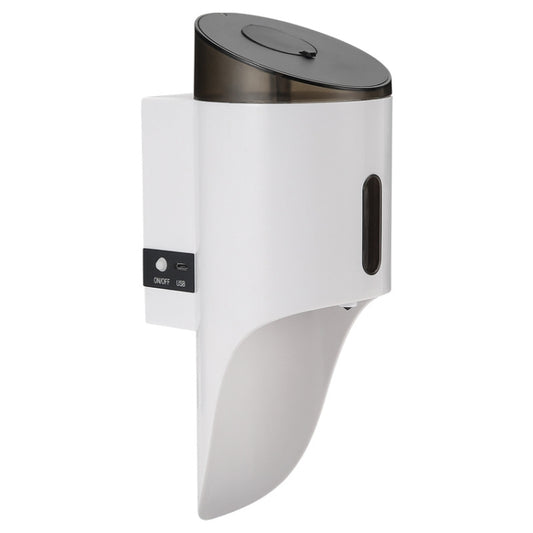 Wall-mounted automatic soap dispenser with white body and dark lid, sensor window on side