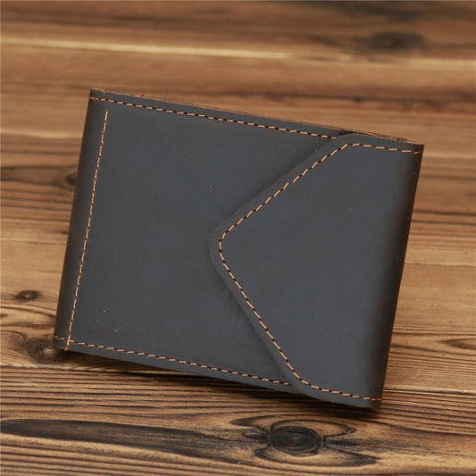 Dark brown leather driver license wallet with stitched edge, folding design
