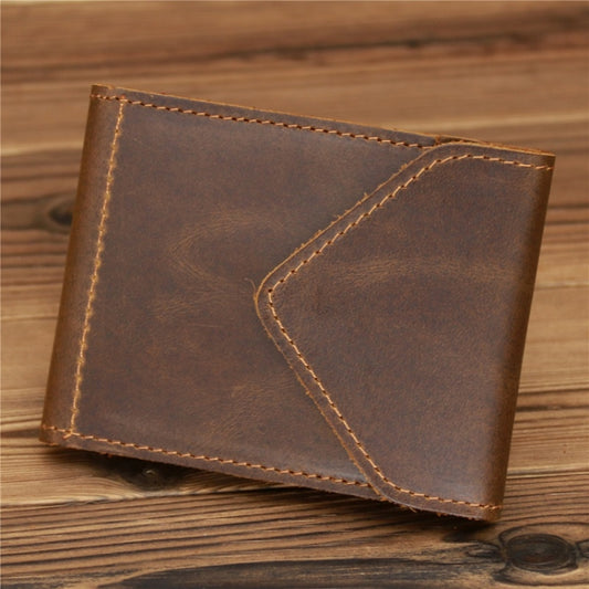 Brown crazy horse leather driver license wallet front view with contrast stitching