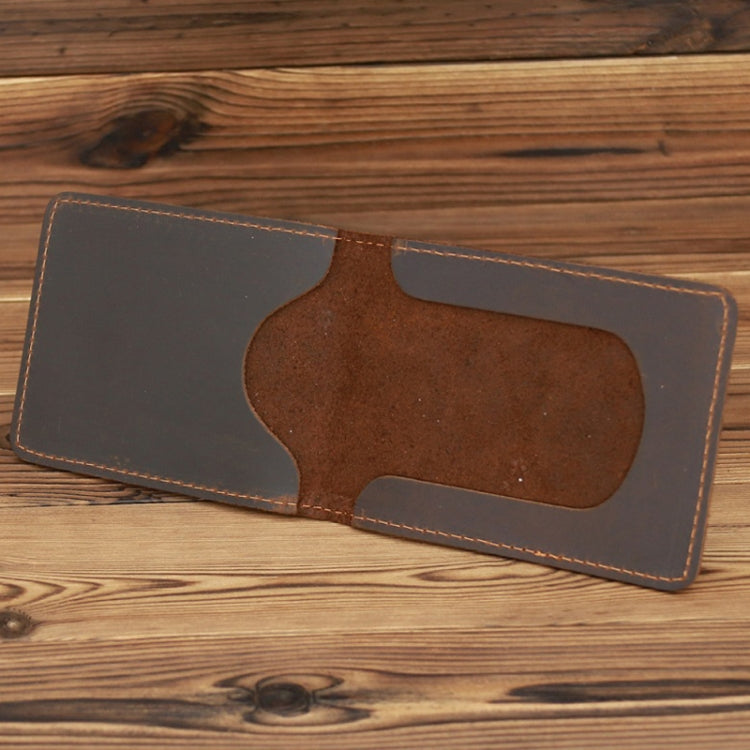 Dark brown leather driving license holder wallet with stitched edges and front ID window