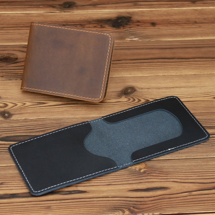 Brown and navy leather driving license holder wallets with front ID window slots