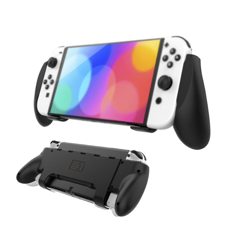 Black protective grip case with stand holding a handheld game console