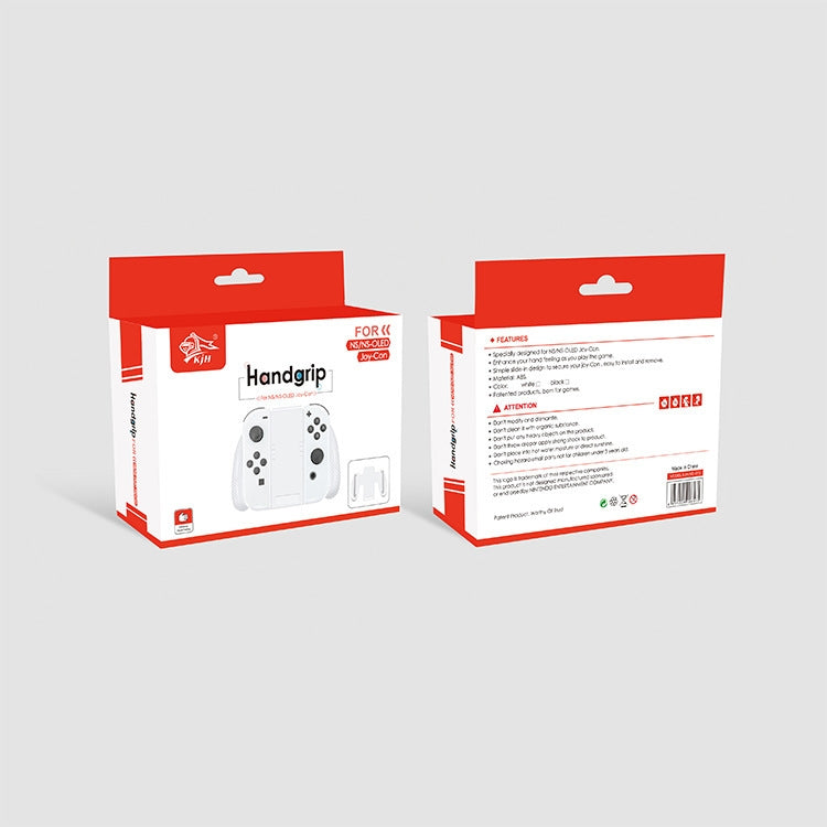 Handgrip accessory retail box for Nintendo Switch OLED, red and white packaging