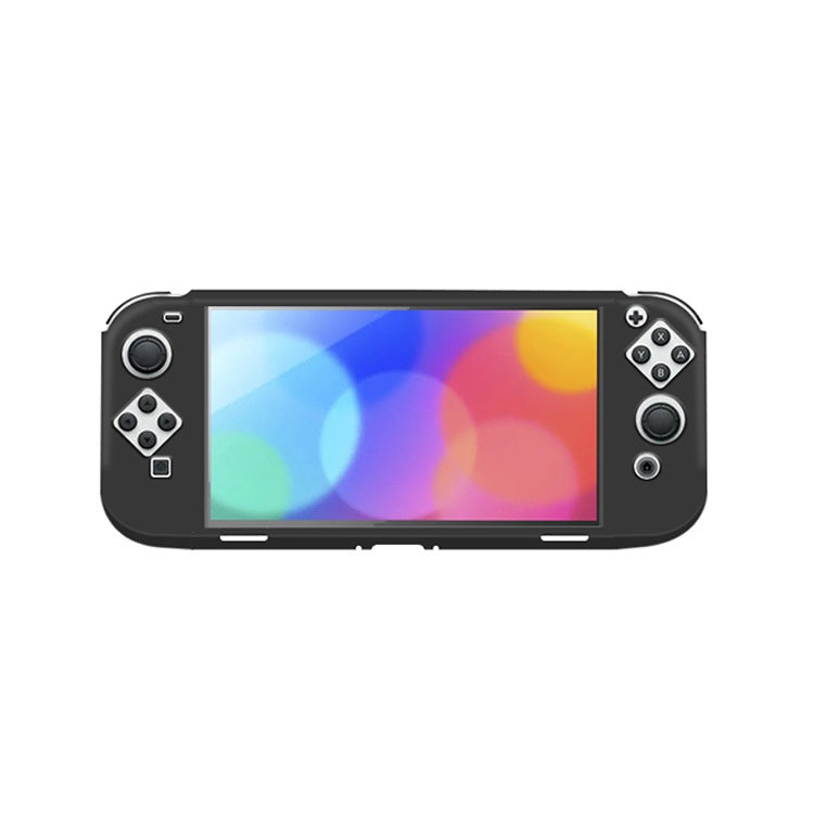 Black silicone protective case on Switch OLED handheld with open screen window visible
