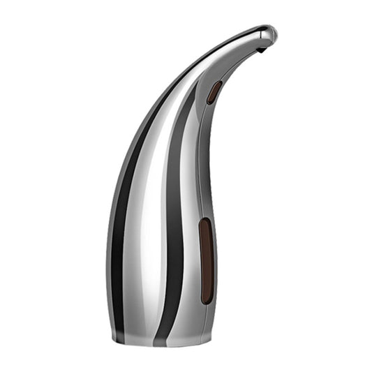 Automatic foam soap dispenser with glossy silver body and dark accent window