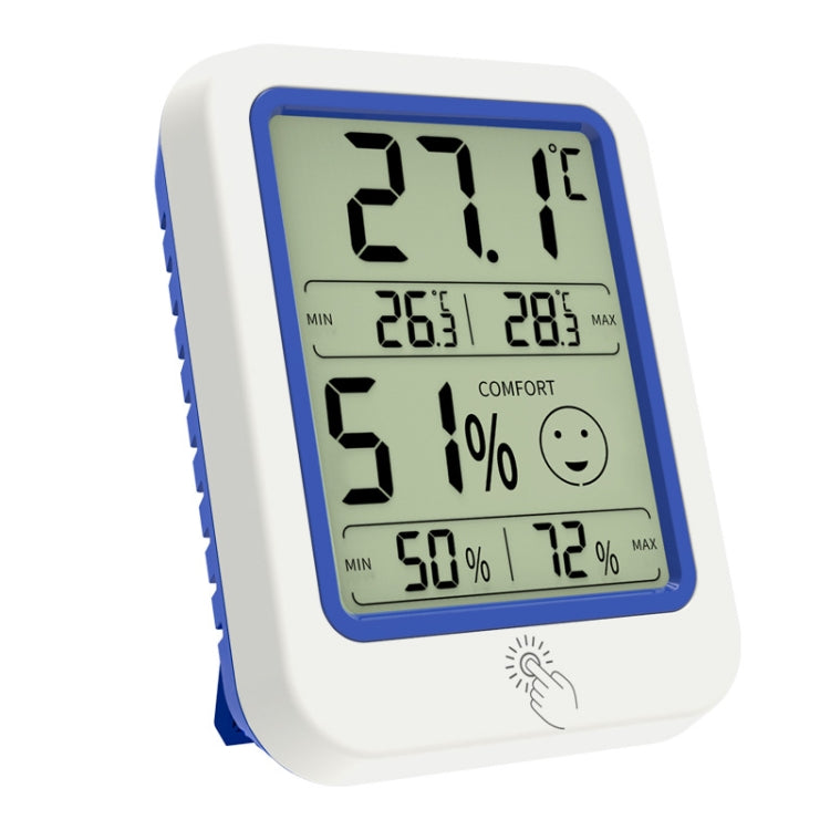 Digital wall thermometer and hygrometer display with green backlit screen and blue border