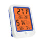 Digital wall thermometer and hygrometer display with orange backlit screen and blue border