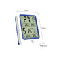 Digital wall thermometer and hygrometer display with front view and blue-edged frame