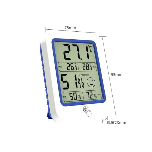 Digital wall thermometer and hygrometer display with front view and blue-edged frame