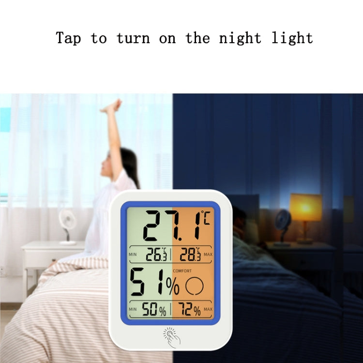 Digital wall thermometer and hygrometer with orange backlit screen for night light control