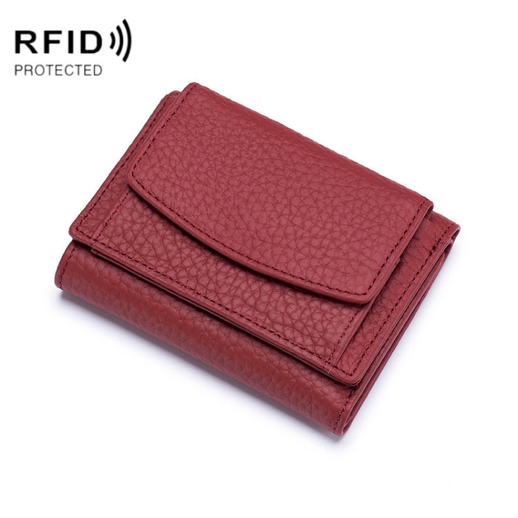 Leather RFID short coin purse wallet, wine red, snap-flap design