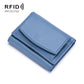Leather RFID short coin purse wallet, light blue, snap-flap front