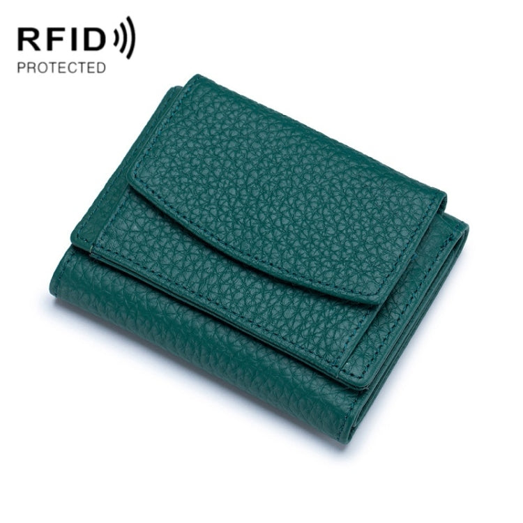 Leather RFID short coin purse wallet, dark green, snap-flap front